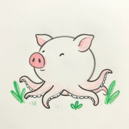 super basic drawing of a pig - octopus, weeds, crayon on paper