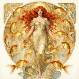 beautiful watercolor painting of a young red hair woman surrounded by golden fish, intricate, elegant, highly detailed, digital painting, artstation, concept art, smooth, sharp focus, art by krenz cushart and artem demura and alphonse mucha, dynamic lighting, full body shot, ultrarealistic, cinematic, octane render, 8 k
