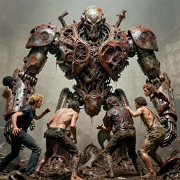 movie still of flayed god machines, cluster battle chaos individuals, intricately macerated by age, sentient, dethroned goliath machine, blood turbines, trash patina sheen rotting, by alberto bontempi, alex ross, shigeru komatsuzaki, wayne d barlowe, alex ross, simon bisley & boris vallejo, enric torres, hyper realism