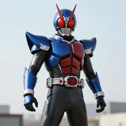 High Fantasy Kamen Rider, blue with red secondary color, 4k, glowing eyes, daytime, charcoal color rubber undersuit, dragon inspired armor