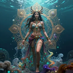 a centered full body render of alluring goddess festival hippies with retro futuristic adornments surrounded by a underwater ink pour and flowing liquid galium and sacred geometry, perfect face, powerful, cinematic, beautifully lit, by artgerm, by karol bak, by donato giancola, 3 d, trending on artstation, octane render, 8 k