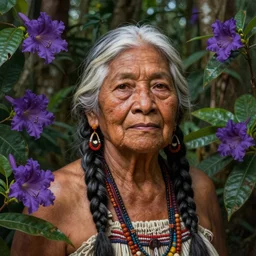 a beautiful portrait of a noble indigenous old woman with white hair in the amazon jungle surrounded by purple flowers of brunfelsia grandiflora, matte painting, by christophe vacher