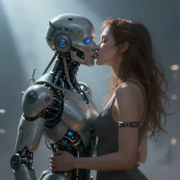 ultra realistic medium shot of a couple of cyborgs kissing, lovers, cyberpunk, sci - fi, kodak, faces, colour led, soft light, volumetric lighting, fog, rays, night, intricate detailed, digital painting, concept art, smooth, sharp focus, illustration, art by artgerm and greg rutkowski and alphonse mucha