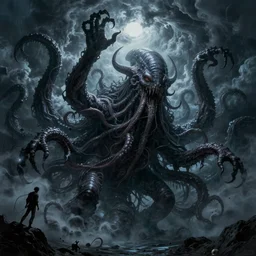 immense tentacles reaching from the sky, leviathan, hp lovecraft, cthulhu emerging from a violent storm, untold horror and nightmarish night, by gerald brom and greg manchess