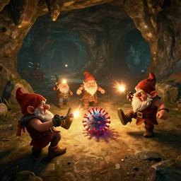 deep rock galactic gameplay footage showing three dwarves angrily kicking and stomping on a coronavirus on the floor in the caves of hoxxes iv illuminated by the glow of the dwarves'flares, unreal engine 4, deep rock galactic gameplay, 4 k, hdr