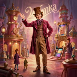 painting of willy wonka and the iphone factory, full view, popular on artstation, artstationhd, artstationhq 8 k, volumetric lighting, super focused, no blur, trending on artstation, artstationhd, artstationhq, ultra detailed, by artgerm and james gurney, greg rutkowski,