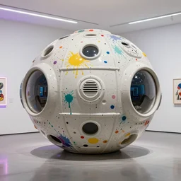 a massive generative design structured ceramic futuristic survival pod with paint splatters all over it in a white wall gallery, neon lighting, art installation, reflective floor