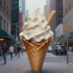 a giant ice cream sundae sculpture in the center of a new york street, by Claes Oldenburg, pop art, oil painting, matte painting, Volumetric dynamic lighting, Highly Detailed, Cinematic Lighting, Unreal Engine, 8k, HD