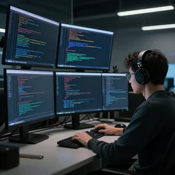 a programmer at the table in front of a computer with multiple screens, long lines of code, IT, matrix style, 4k, ultra details, cinematic, epic style, beautiful photo, hyper realistic, octane render, unreal engine, award winning, on artstation, volumetric lightning, dramatic lights, masterpiece,