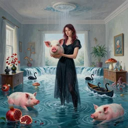 tall female emo artist holding a pig's head in her flooded apartment, mushrooms, octopus, water gushing from ceiling, painting of flood waters inside an artist's apartment, a river flooding indoors, pomegranates, pigs, ikebana, zen, river, rapids, waterfall, black swans, canoe, berries, acrylic on canvas, surrealist, by magritte and monet