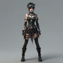 a cybergoth woman wearing goggles and eccentric jewelry by jamie hewlett :: full body character concept art, detailed
