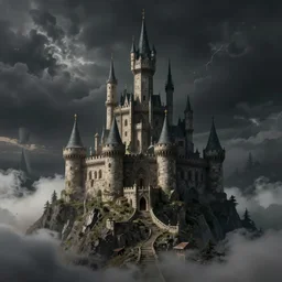 octane render of a mystery castle standing on the top of a mountain, fantastic illustration, dark background, looming cloud, style of raphael lacoste