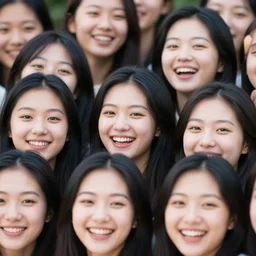 large group of Beautiful young Chinese female faces, long black hair, green eyes, laughing, photorealistic,8k, XF IQ4, 150MP, 50mm, F1.4, ISO 200, 1/160s, natural light