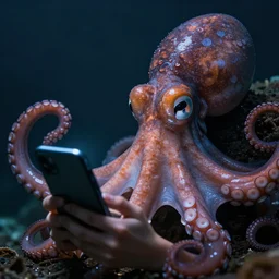 closeup studio photograph of an octopus looking at its phone, dramatic lighting, edited in photoshop