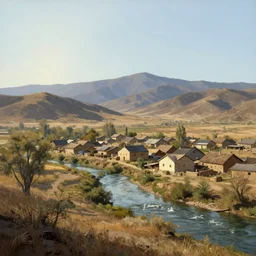 earthy by frederic remington, by wadim kashin. the computer art is of a small village with a river running through it. in the distance, there are mountains. the sky is clear & the sun is shining.