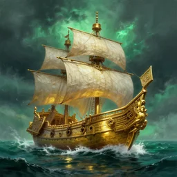 gold galleon ship, green sea, storm. bloom, lighting. fantasy, digital painting, hd, highly detailed.