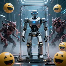 robot 9 0 0 0 gets a timeout by the militant mods on stable diffusion and is forced to not create for 2 4 hours because of mutated content in his iphone 1 1, robot 9 0 0 0 is strapped to a containment device made by syd mead moebius junji ito hr giger, hdr, 8 k, volumetric lighting, yield signs everywhere, laughing emojis, high contras, beautiful colors, demonic mod creatures laughing, mist, futuristic room background with lasers, photorealistic,