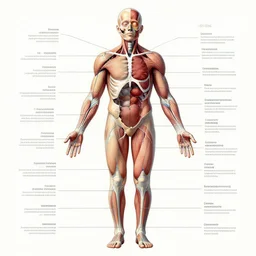 human body in fragments, detailed anatomical diagram, pointers with descriptions, illustration, 4 k