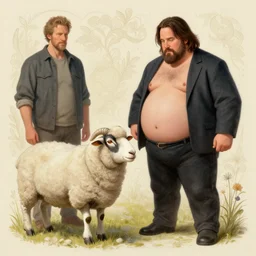 morbidly obese keanu reeves approaches a texel sheep, elegant intricate digital painting artstation concept art by mark brooks and brad kunkle detailed