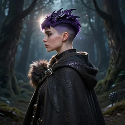 cinematic side portrait rugged girl, adventurer outfit large cloak, fantasy forest landscape, dragon scales in hair, fantasy magic, undercut hairstyle, short purple black fade hair, dark light night, intricate, elegant, sharp focus, lens flare, bloom, rim light, illustration, highly detailed, digital painting, concept art, matte, art by wlop and artgerm and greg rutkowski and alphonse mucha, masterpiece