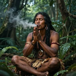 a beautiful portrait of an indigenous man sitting in the jungle, taking tobacco snuff, praying with tobacco, mysterious atmosphere, fantasy art, matte painting, highly detailed