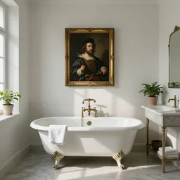 an antique bathroom, clean architecture, a clawfoot bathtub, towels table, some plants, dappled light, peaceful, serge marshennikov, jeremy lipking, rembrandt
