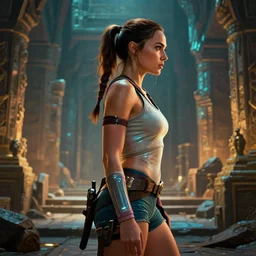 masterpiece side profile concept art, gal gadot as tomb raider in a ruin temple background, realistic, hdr, dynamic lighting, hearthstone, warcraft, highly detailed, luminescent, by ilya kuvshinov, magali villeneuve, jeremy lipkin, michael garmash, rob rey, artgerm, artstation