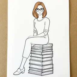 clean line art of a woman with light brown hair and glasses sitting on a tall pile of books. well composed, clean coloring book page, beautiful detailed face. coloring book line art by johanna basford