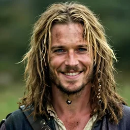 portrait photo of a dirty short messy hair blonde irish pirate, clean shaven, cinematic shot, sigma lens, smiling