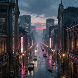 ”a diesel punk city vista, dusk, raining, city lights, reflections, glares, perspective sky, HD, 8k, cinematic, ornate, dramatic, in the style of Katsuhiro Otomo, Ian mcque”