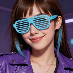 closeup painting of a very beautiful young mexican cyberpunk woman with a smirk, wearing light blue shutter shades, slatted shades, and a purple coloured leather jacket, one side haircut, long brown hair with light blue ends, portrait, hyperdetailed, artstation, cgsociety, 8 k, synthwave by tangerine dream, by jean - michel jarre, by vangelis, by john carpenter