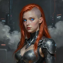 ultra realist and ultra intricate detailed soft painting of a beautiful sci-fi armored female, thin lustrous long auburn hair shaved on one side, symmetry features, glowing blue eyes, sensual gloomy style, volumetric clouds,  cyberpunk background, artstation,  unreal render, depth of field