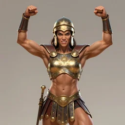 female body builder dressed as a roman gladiator, arms raised in victory, fierce expression, digital art, d & d