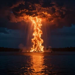 realistic photo of fire balls rain from sky to lake, very dark night, sharp focus, in the style of greg rutswoski, very hyper realistic, highly detailed, fantasy art station