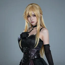 modeling photograph of a cosplayer, blonde, beautiful, dark, mysterious