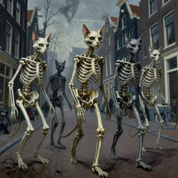 painting of catlike creatures with surrealistic morphed skeletons roaming the streets of Amsterdam, Zdzislaw Beksinski, Wayne Barlowe, Joe Fenton, gothic, cosmic horror, biomorphic, lovecraftian, amazing details, cold hue's