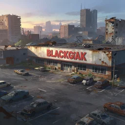 the parking lot of a blockbuster store in a post - apocalyptic destroyed ruined rusted city at dawn, cars, a fantasy digital painting by makoto shinkai, trending on artstation, highly detailed