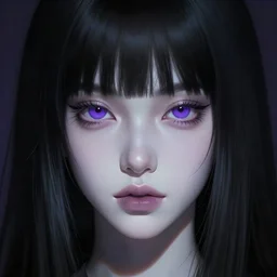 Pale-skinned Persian girl, black hime cut, purple eyes, mysterious girl, close up, digital art,