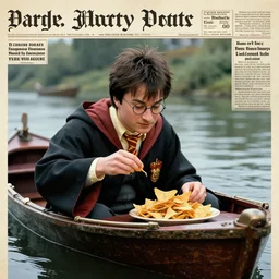 Harry Potter eating a plate of nachos in a boat on a river, Early 1900s newspaper, Hyper realistic