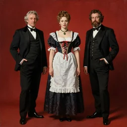 Solomon Joseph Solomon and Richard Schmid and Jeremy Lipking victorian genre painting full length portrait painting of a young beautiful woman traditional german french Gene Tierney barmaid in fantasy costume, red background