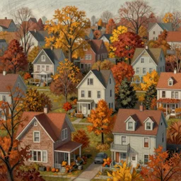 A small neighborhood with tall houses in the fall months, rotoscoped, rotoscope, photoshop, photomanipulation, realism, painting, illustration and sketch, weird scribbles, hybrid styles, hybrid art styles, mismatched, trending on artstation, trending on deviantart, weird, quirky, interesting, very detailed, highly detailed, HD Quality, 4k resolution, 8k resolution, colored with orange brown yellow and red, in the style of David Firth, in the style of James Lee, in the style of Drue Langlois,