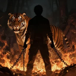 silhouette of a man holding chains, against the background of a tiger and night darkness, hyper realism, mystery, scared, fantasy, dark, highly detailed, digital painting, on fire background, concept art, sharp focus, illustration, epic light, artstation