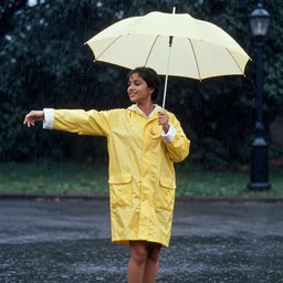 A young Indian woman dancing in the rain, wearing a yellow raincoat and holding an umbrella, coloured film still from 'Singin' in the Rain' (1952)