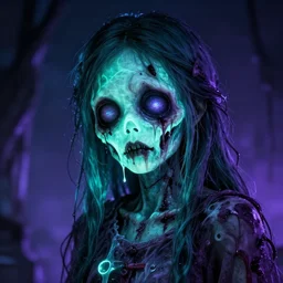 super detailed 8 0's horror art of a glowing teal and purple pretty zombie girl, melting face
