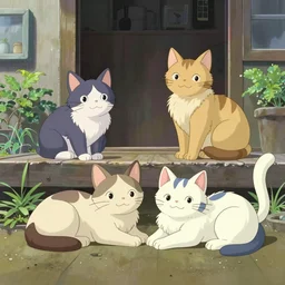 four happy stray cats, lounging about and looking at the camera, urban setting, whimsical, trending on artstation, animation still by Hayao Myazaki and Moebius