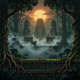 eerie and dark deep mayan jungle forest realm biodiversity , side-scrolling 2d platformer game level, swirling clouds of magical fog through the trees, web of vines, ancient temple gigantic statue guardians in ruins in the background between the tree trunks, dramatic dusk sun illuminates areas, volumetric light , detailed entangled roots carpet the forest floor, rich color, upscale , 8k