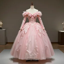 the film still photographed image is of a pale pink ballet gown from the 1 9 6 0 s. the gown is inspired by the swan princess, and is featured in a museum. the skirt of the gown is full and billowy, and the bodice is adorned with pale pink feathers. the back of the gown has a large bow, and the sleeves are long and fitted. the gown