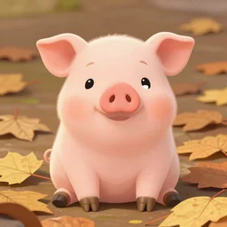 cute piglet front facing sitting popping out from a pile of autumn leaves, pixar style