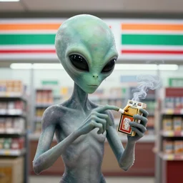 grey alien buying cigarettes at 7-eleven