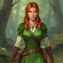 portrait of a female ranger, dungeons and dragons, full color, vivid, realistic illustration, dressed in green woodsy clothing